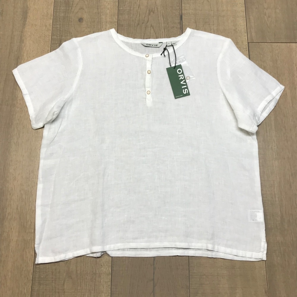 Orvis Linen Top Blouse Womens‎ Size L White Button Up Beach Henley Lightweight